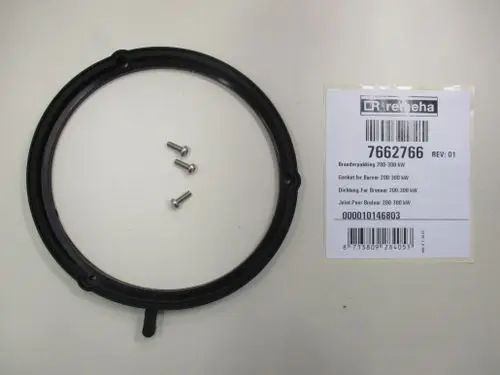 Gasket von Remeha mit drei Schrauben, geeignet für Brenner. Teile sind auf einem weißen Hintergrund angeordnet.